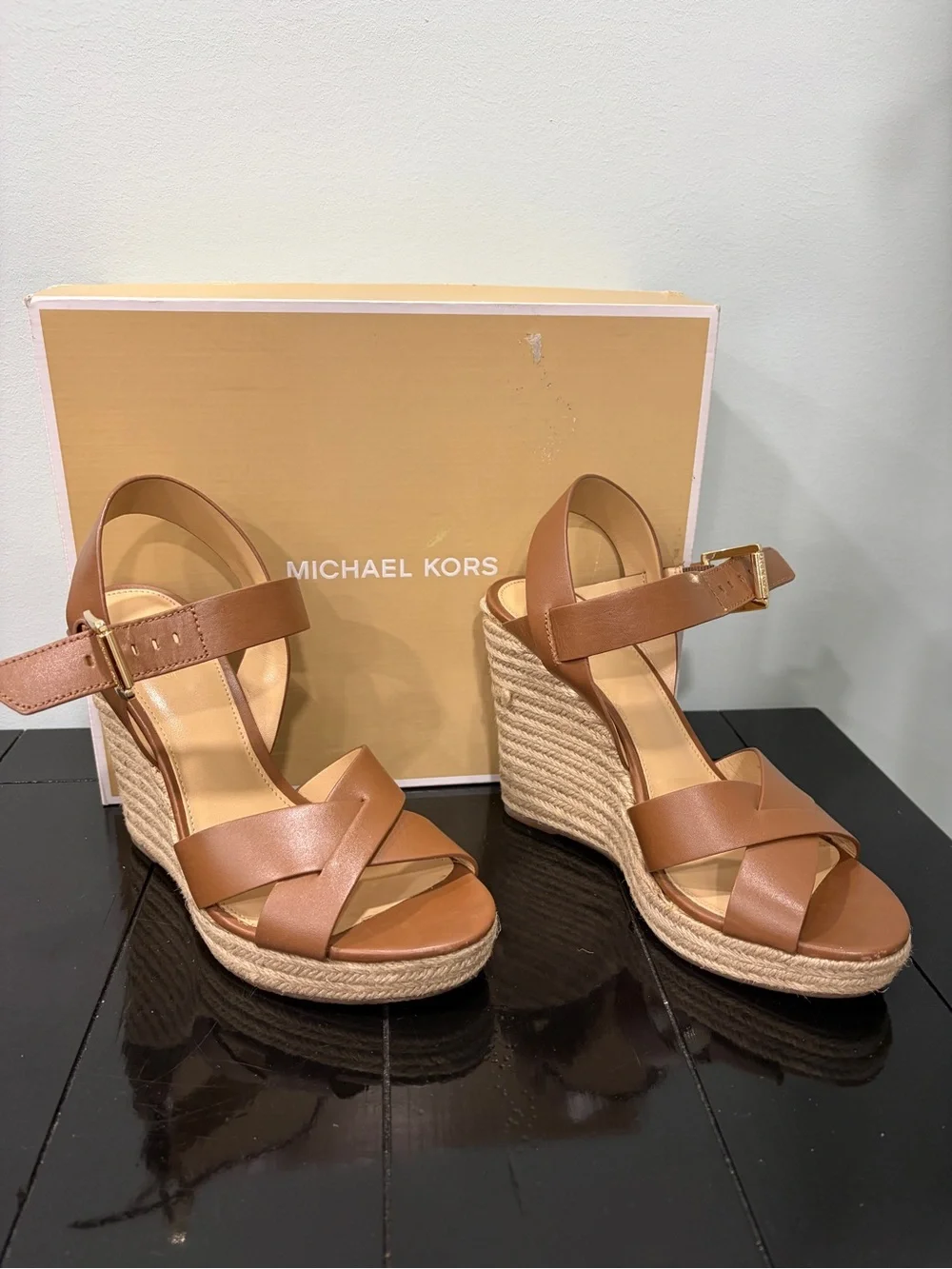 Michael Kors Brown Leather Espadrille Wedge Sandals
